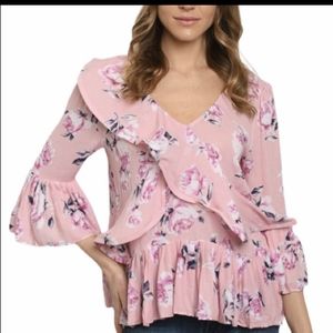 Pink Floral Bell Sleeve Ruffle Babydoll Blouse